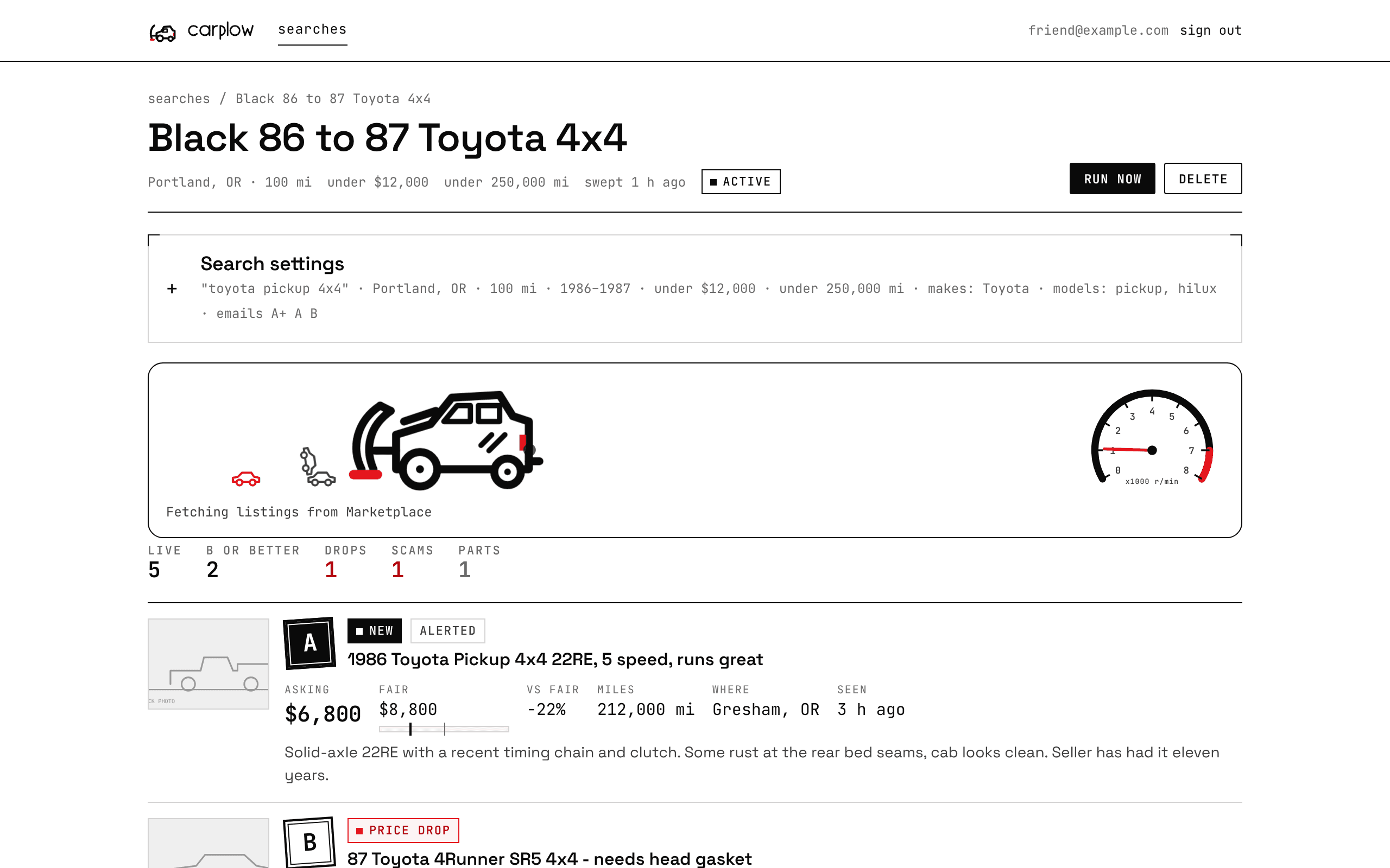 Carplow search page: a saved search for a 1986 to 1987 Toyota 4x4, the plow truck clearing toy cars while a tachometer shows the sweep in progress, and graded listings below
